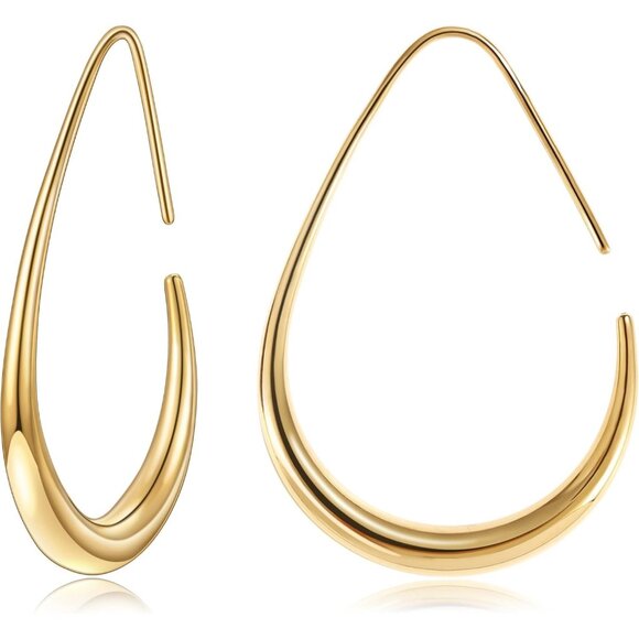 ✨Women Gold Teardrop Hoop Earrings Gold Plated Oval Pull Drop Hoop Earrings - Picture 1 of 6